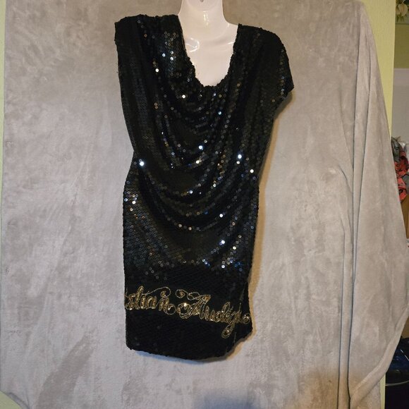 Christian Audigier Sequin Black/Gold Dark Feminine WhimsyGoth Witchy Era M Dress - Picture 7 of 7